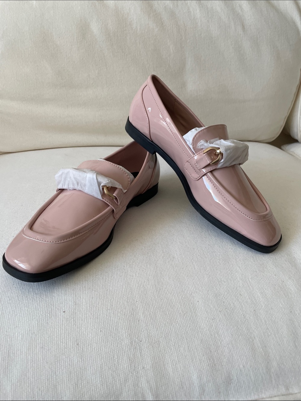 Womenβs Pink Patent Loafers with Gold Buckle Accent